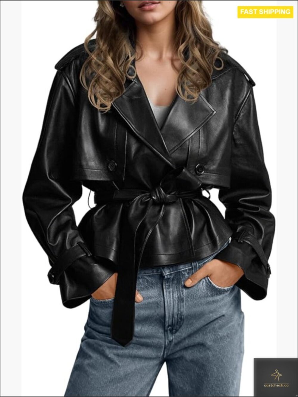 Faux Leather Trench Coat Belted Moto Jacket Relaxed Fit Classic Chic